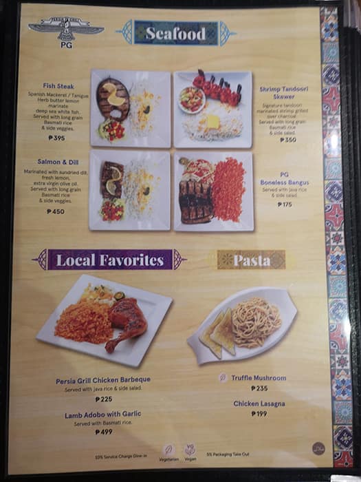 Menu at Persia Grill restaurant, Makati, Valero Street