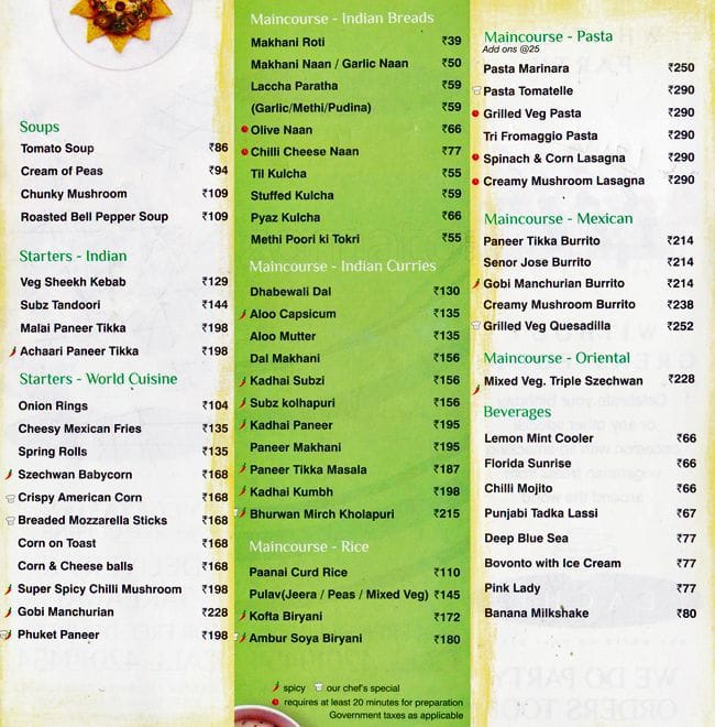 Menu at The Peaches Restaurant, Chennai