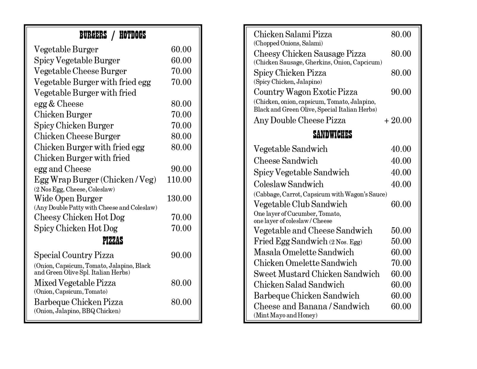 Country Wagon menu