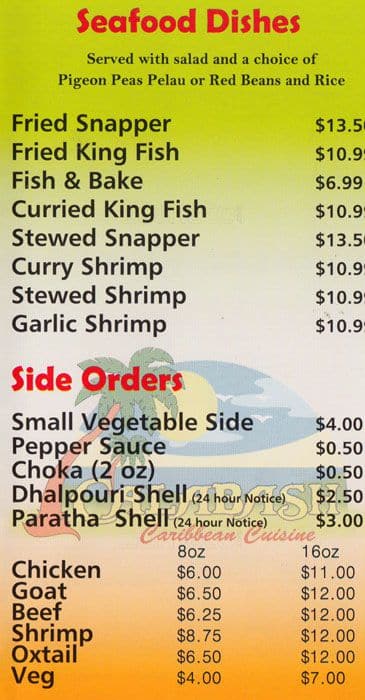 Calabash Caribbean Cuisine menu