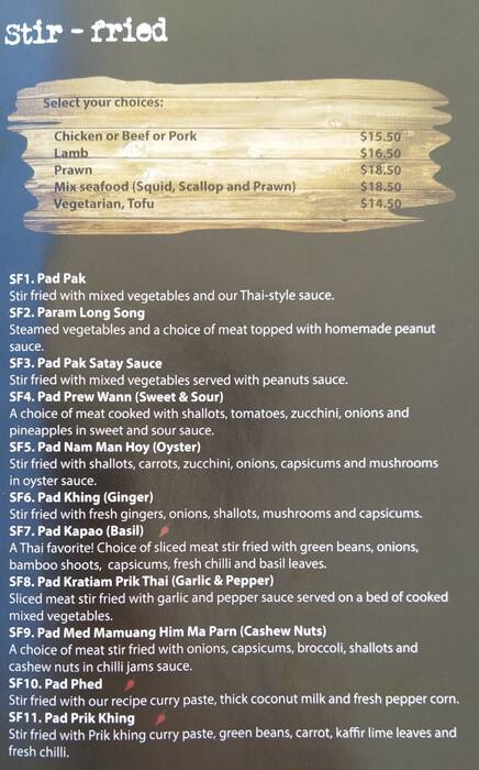 Menu at Thai Patcharin restaurant, Brisbane City