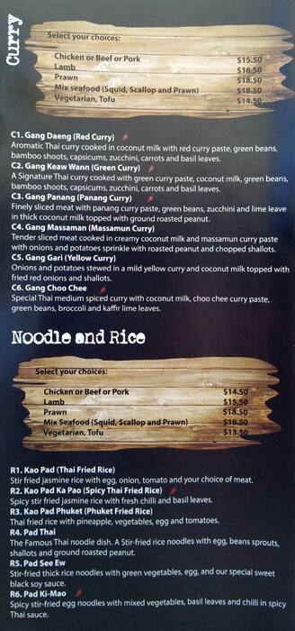 Menu at Thai Patcharin restaurant, Brisbane City