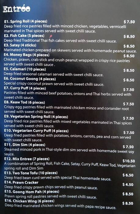 Menu at Thai Patcharin restaurant, Brisbane City