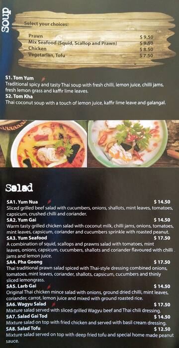 Menu at Thai Patcharin restaurant, Brisbane City