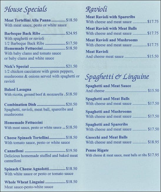 Nick's Spaghetti House Menu Urbanspoon/Zomato