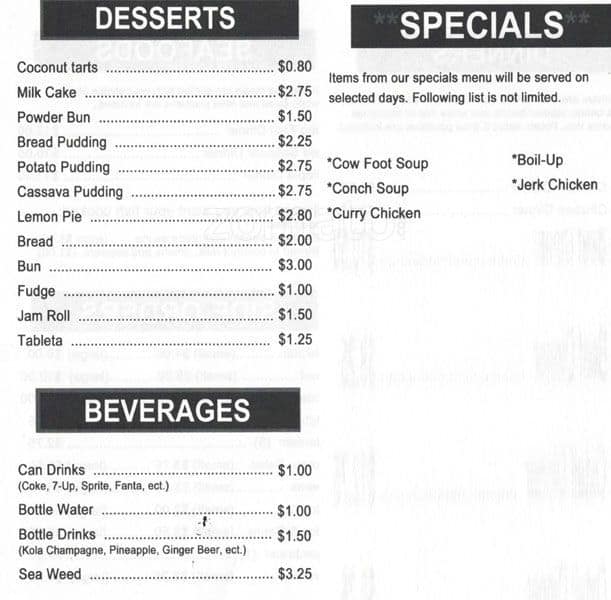 Menu at Redz Belizean Restaurant, Chicago
