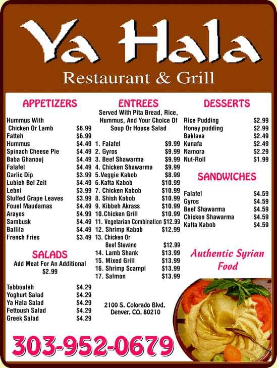 Ya Hala Menu Menu For Ya Hala University Hills Denver Urbanspoon