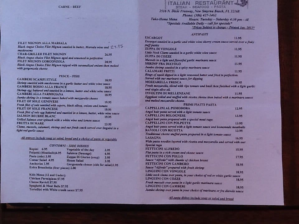 Bello Valentino's Menu, Menu for Bello Valentino's, New Smyrna Beach