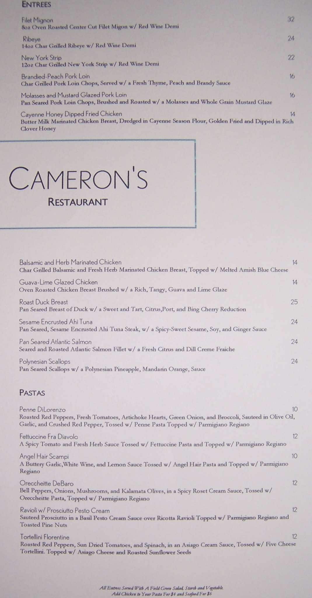 Cameron's Restaurant Menu Urbanspoon/Zomato