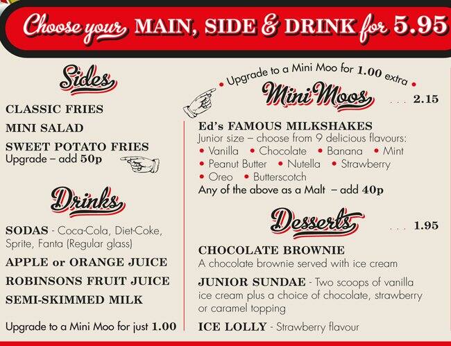 Menu at Ed's Easy Diner fast food, London, 12 Moor St