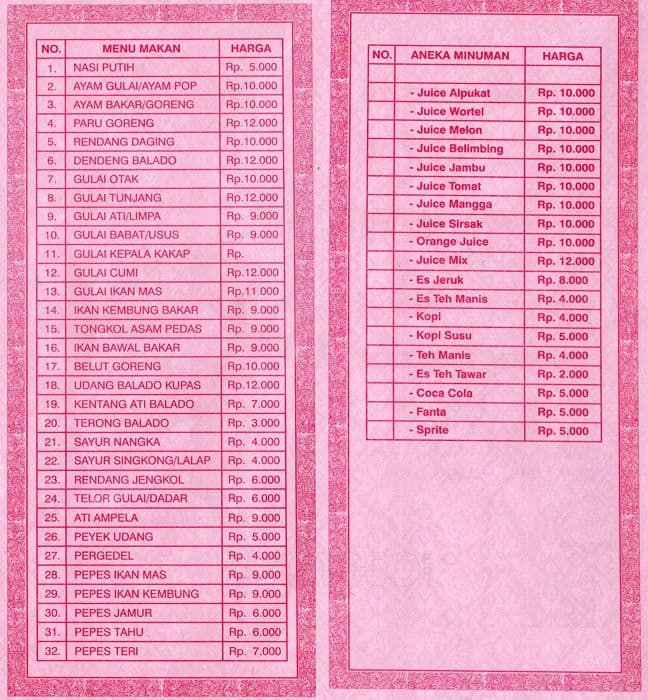 RM Cahaya Baru 99 Menu, Menu untuk RM Cahaya Baru 99 