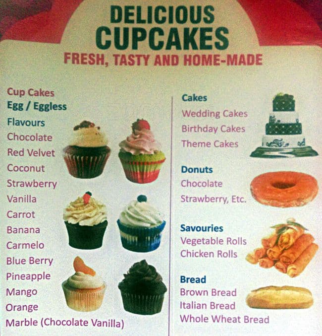 Cupcake House Menu, Menu podniku Cupcake House, Marredpally