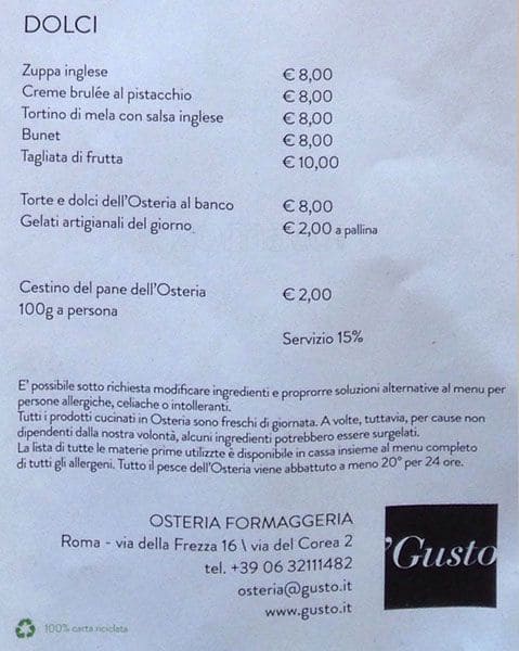Menu di 'Gusto Osteria 