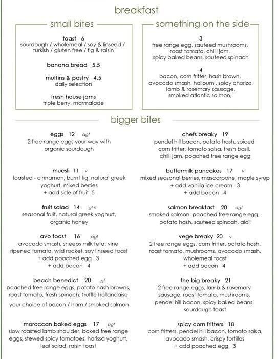 Clovelly Social House menu, Menu restauracji Clovelly Social House