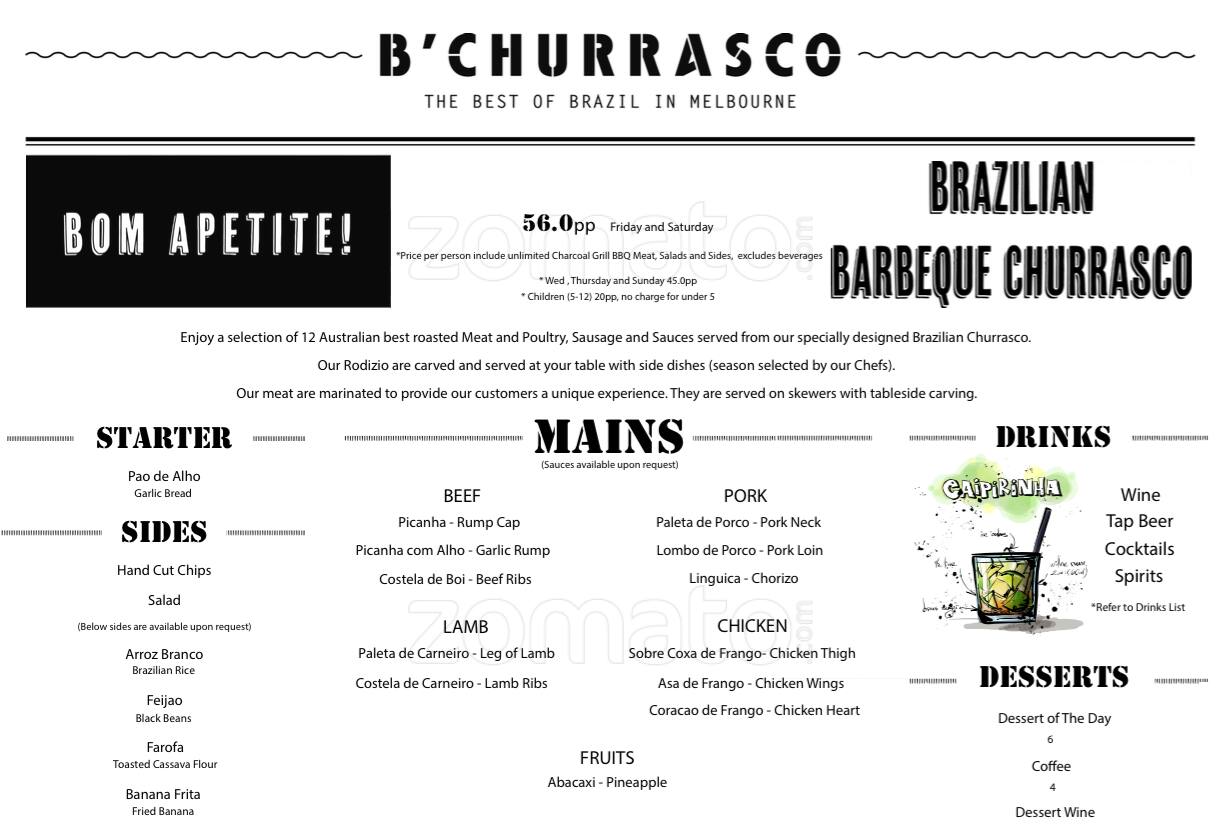 B'Churrasco Menu, Menu for B'Churrasco, CBD, Melbourne Urbanspoon/Zomato