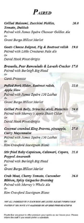 Menu at Pearls Bar, Main Beach, 71 Seaworld Dr