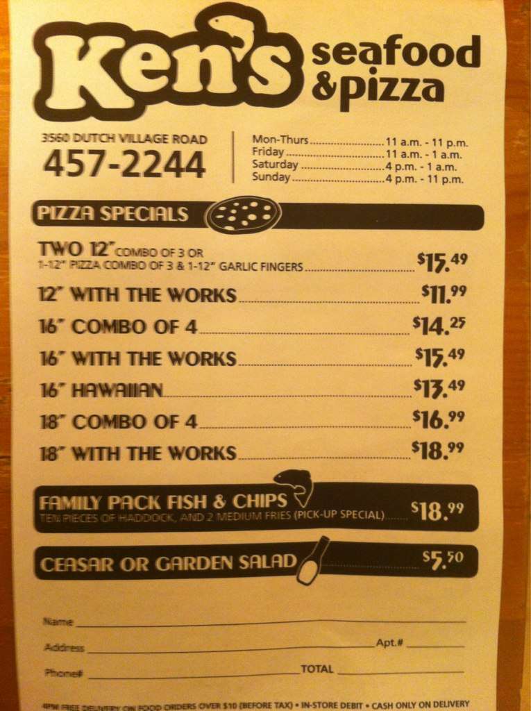 Ken's Seafood and Pizza Menu, Menu for Ken's Seafood and Pizza, Halifax