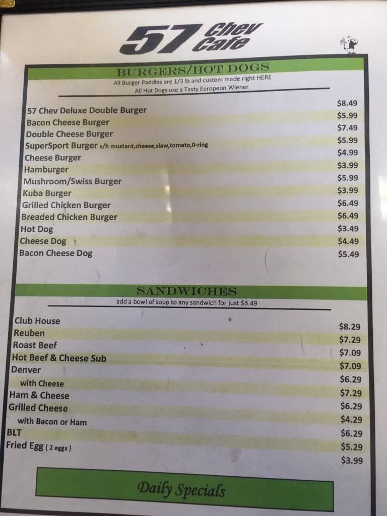 Menu at 57 Chev Cafe, Winnipeg