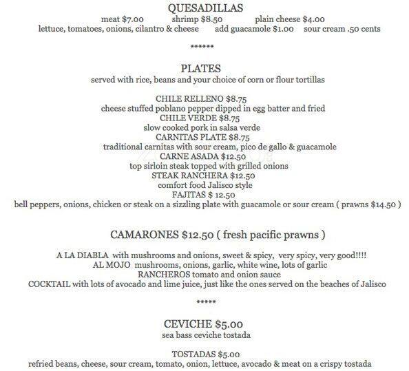 Menu at Tacos Jalisco restaurant, Vallejo, Sonoma Blvd