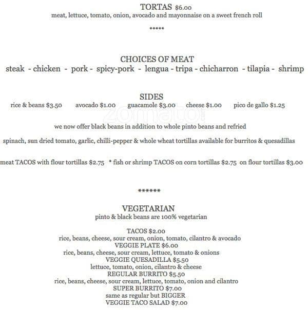 Menu at Tacos Jalisco restaurant, Vallejo, Sonoma Blvd