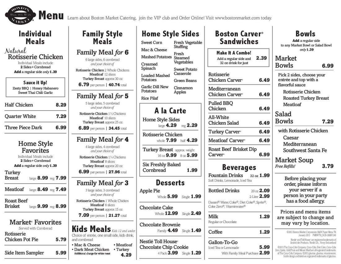 Boston Market Menu Menu Para Boston Market Coral Gables Miami