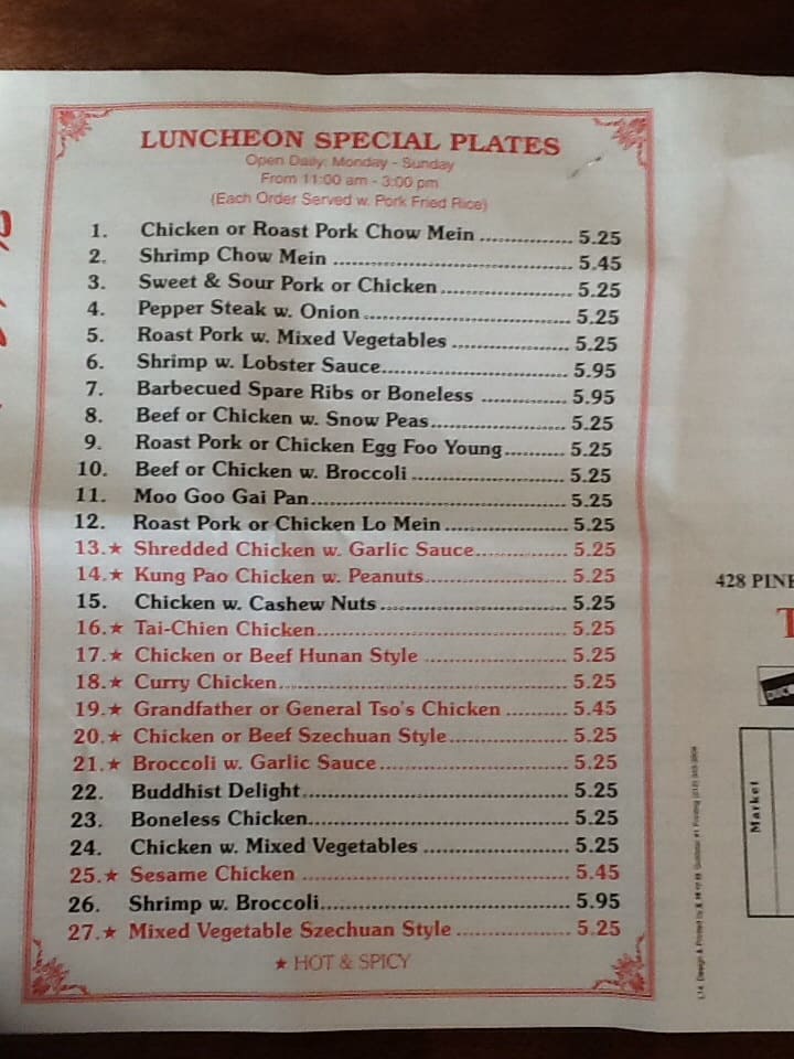 Menu at Lim Fongs restaurant, Mount Holly