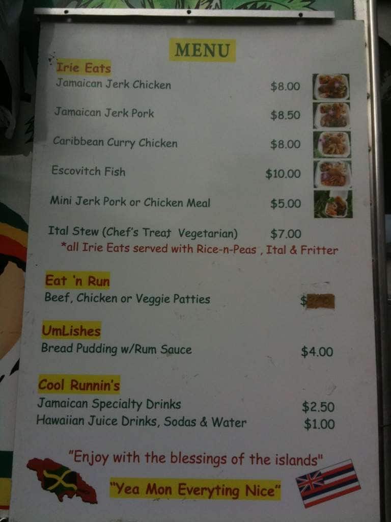Jawaiian Irie Jerk Menu, Menu for Jawaiian Irie Jerk, Kaimuki, Rest of