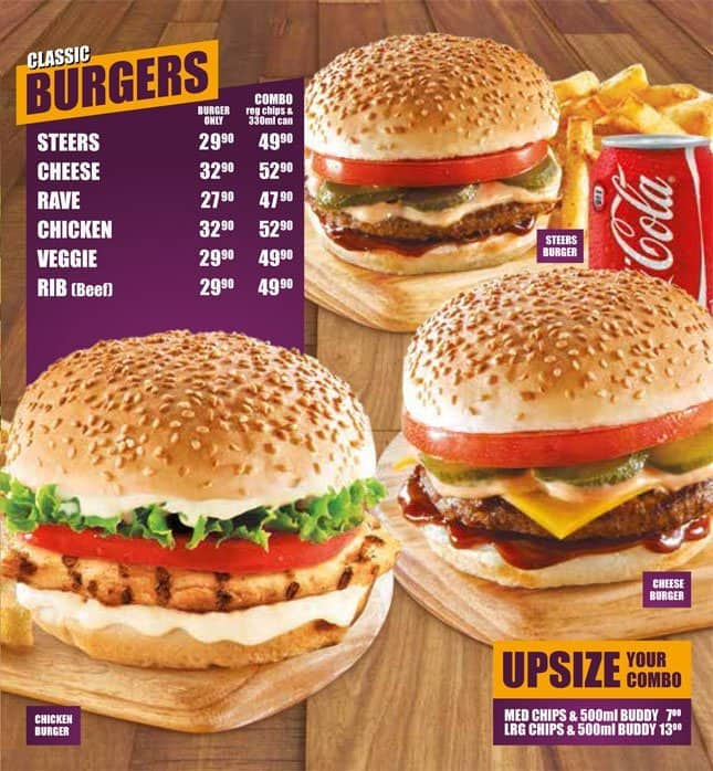 Menu at Steers, Nelspruit, Corner R40 & N4 Highway