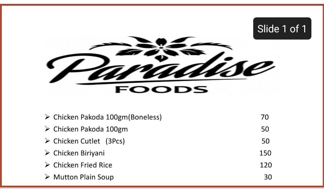 Menu of Paradise Foods, Kilpauk, Chennai