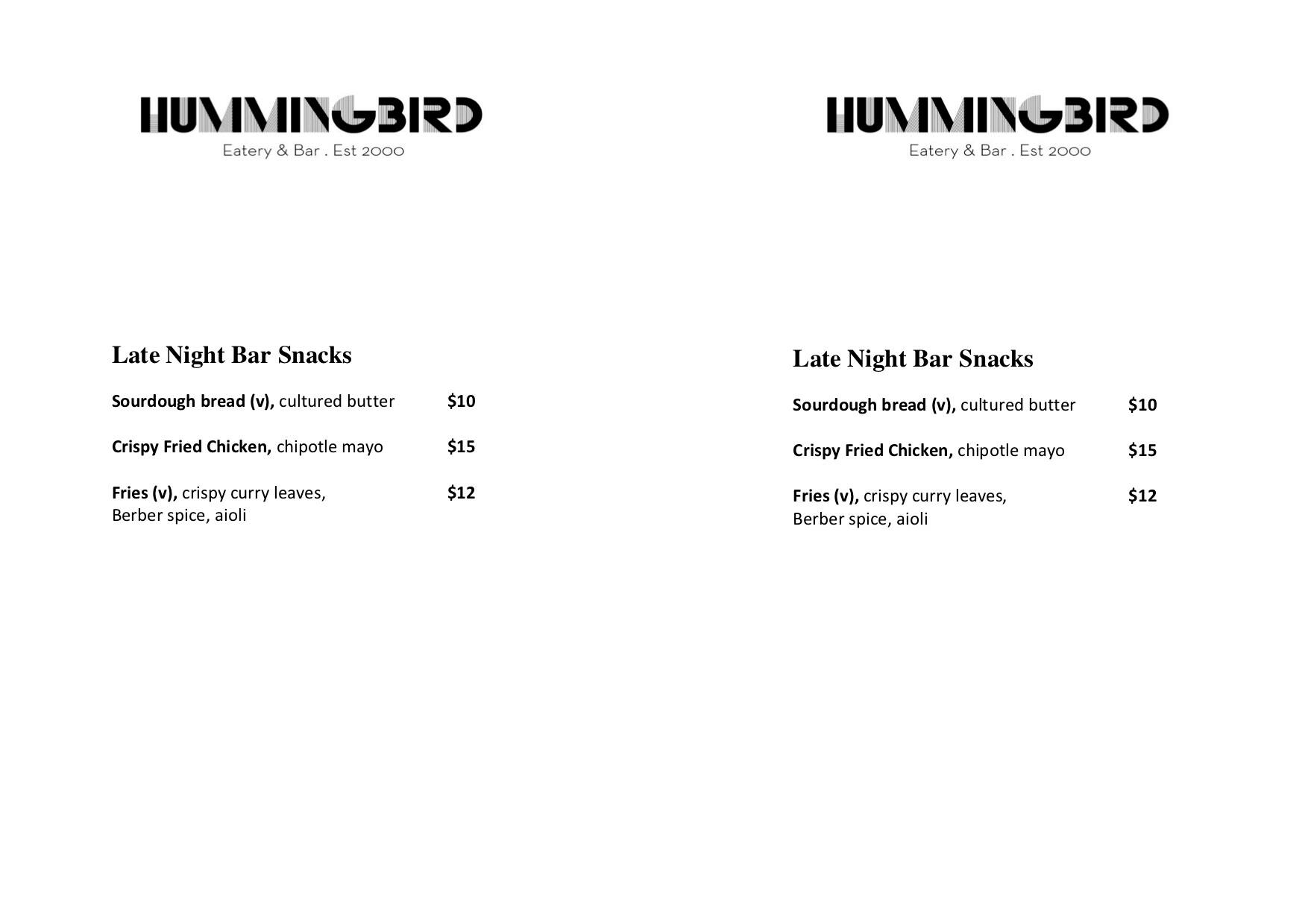 Menu at Hummingbird Eatery & Bar, Wellington