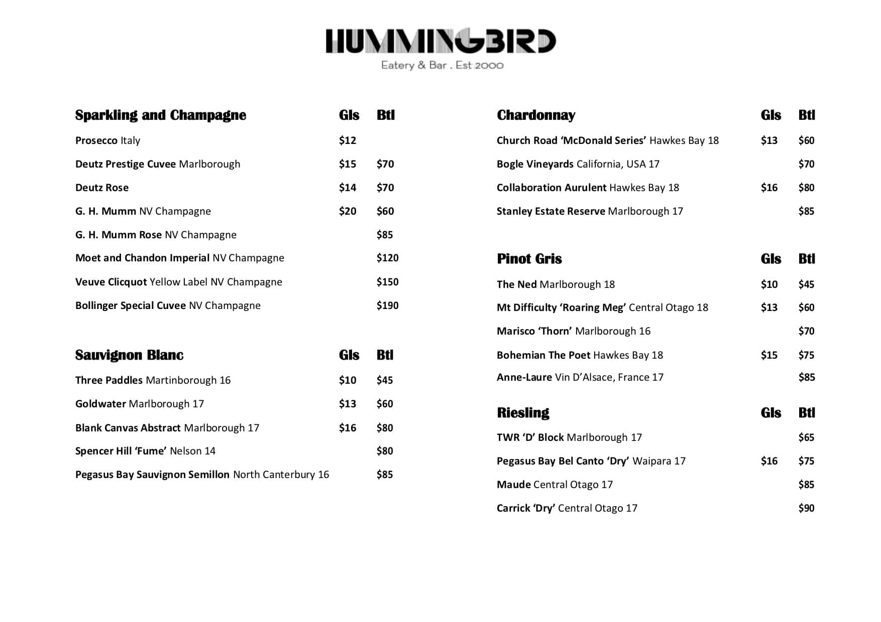 Hummingbird Menu Menu at Hummingbird Eatery & Bar, Wellington