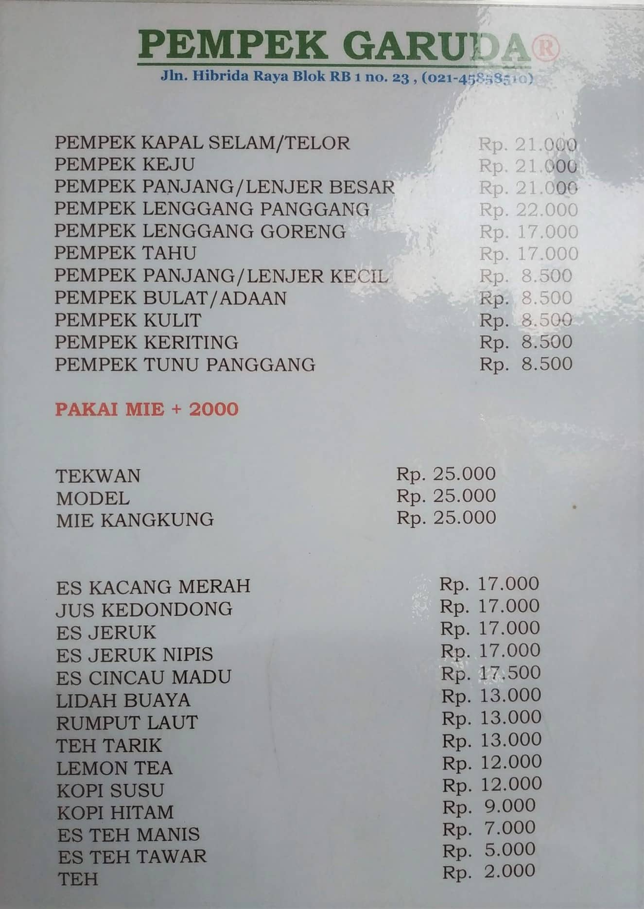 Menu at Pempek Garuda restaurant, Central Jakarta, Jl. Garuda No.38