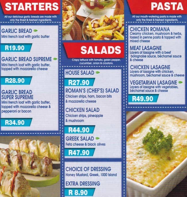 Romans pizza menu, menu for romans pizza, wonderboom, pretoria ...