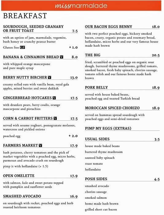 Miss Marmalade Menu, Menu for Miss Marmalade, Brunswick, Melbourne