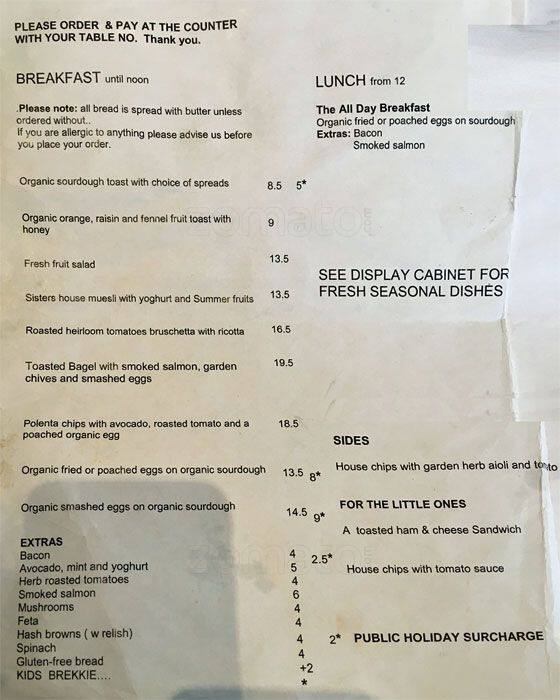 The Sisters Kitchen Garden Cafe Menu