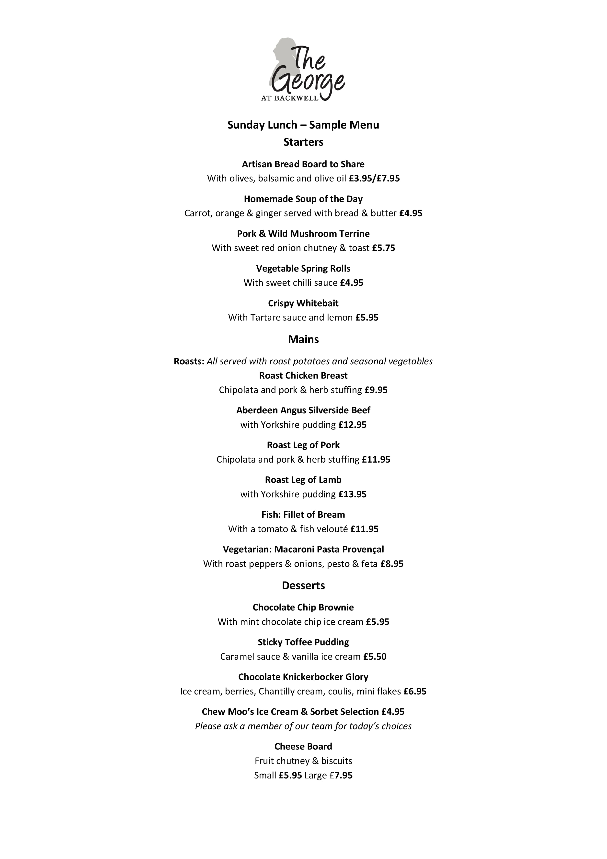 Menu At The George At Backwell Pub And Bar Bristol