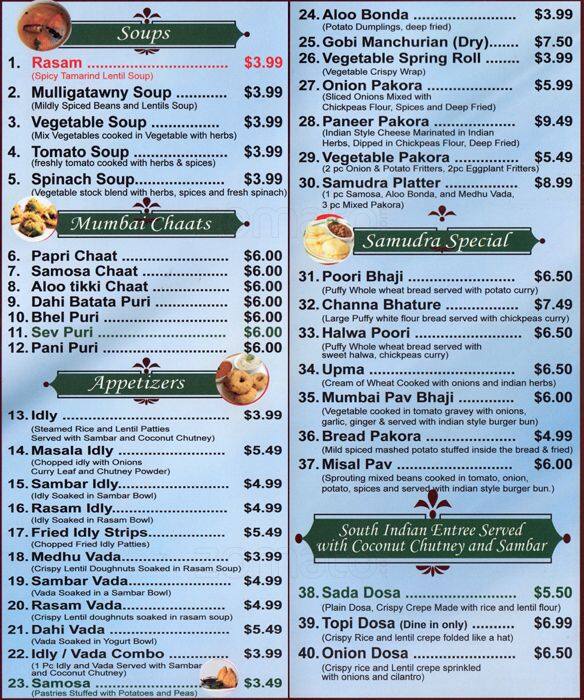 Samudra menu, Menu restauracji Samudra, Jackson Heights, New York City