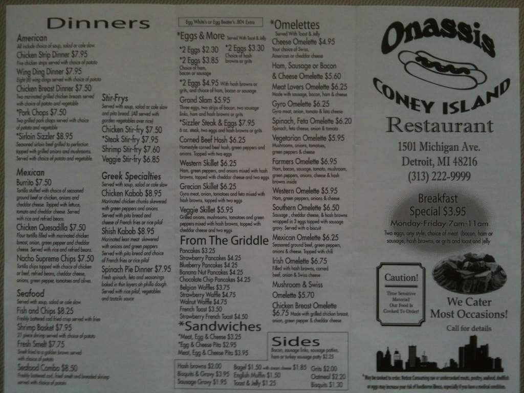 Menu at Onassis Coney Island restaurant, Detroit