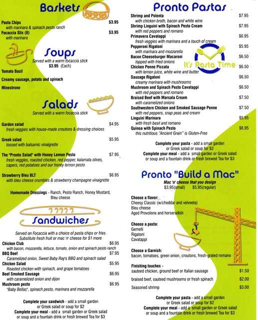 Pronto Pasta Menu, Menu for Pronto Pasta, Inside the Beltline, Research Triangle Urbanspoon/Zomato