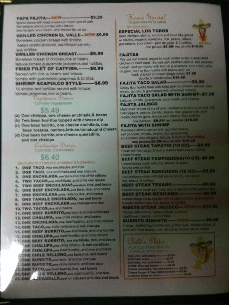 Menu at Los Toros restaurant, Tupelo, Oakview Dr