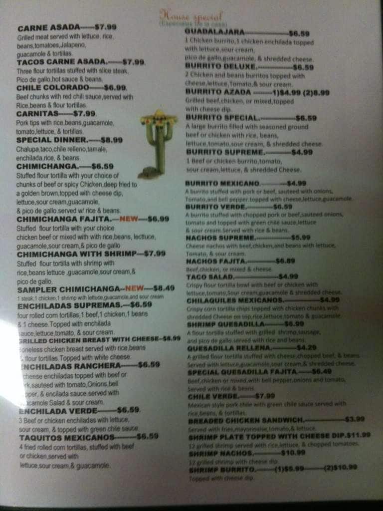 Menu at Los Toros restaurant, Tupelo, Oakview Dr