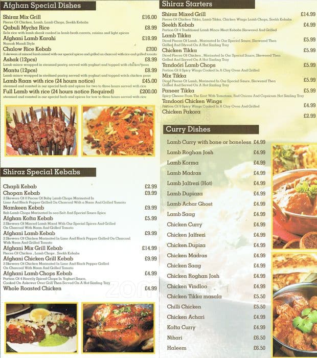 Menu at Shiraz restaurant, London, 128 Uxbridge Rd