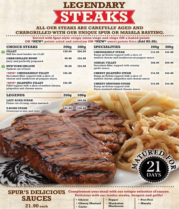 Menu at Misty Lake Spur Steak Ranch restaurant, Germiston