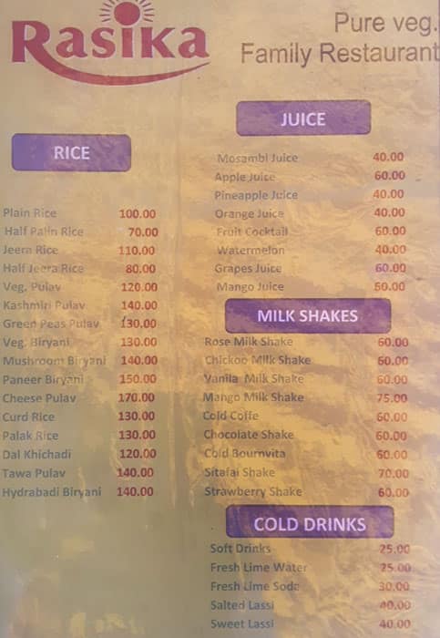 Rasika Hotel (pure veg) menu