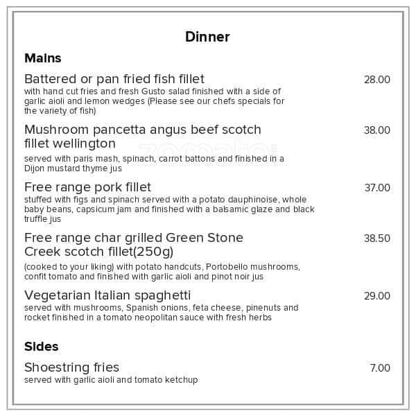 Menu at Gusto Restaurant, Cafe & Bar, New Plymouth