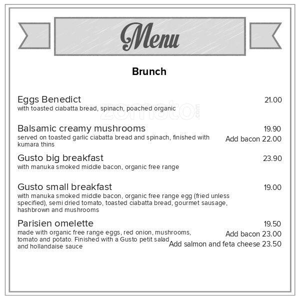 Menu at Gusto Restaurant, Cafe & Bar, New Plymouth