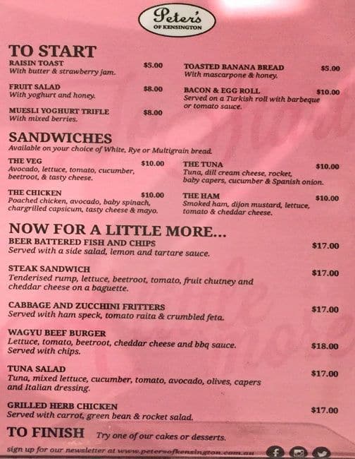 Menu at Peters of Kensington Coffee Shop cafe, Redfern