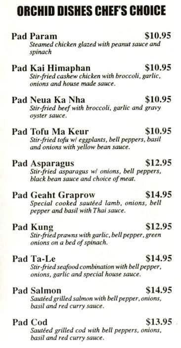 Menu at Wild Orchid restaurant, Seattle, 15th Ave NW