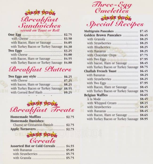 Stage Door Delicatessen Menu, Menu for Stage Door Delicatessen, Chelsea