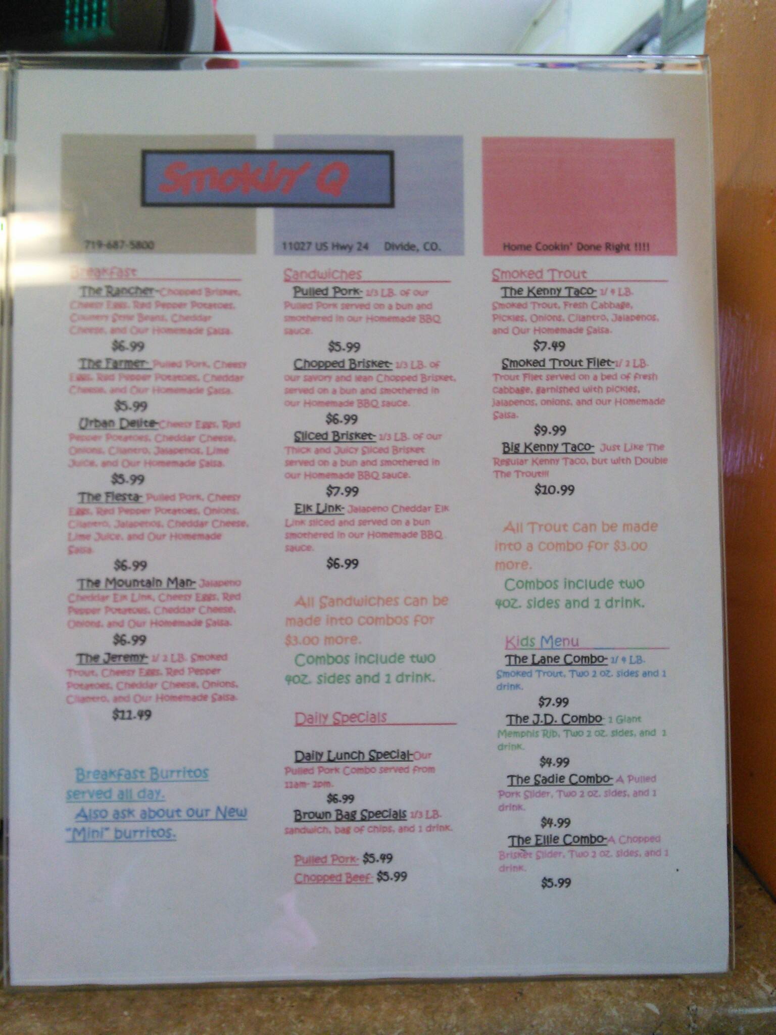 The Smokin' Q Menu, Menu for The Smokin' Q, Divide, Colorado Springs